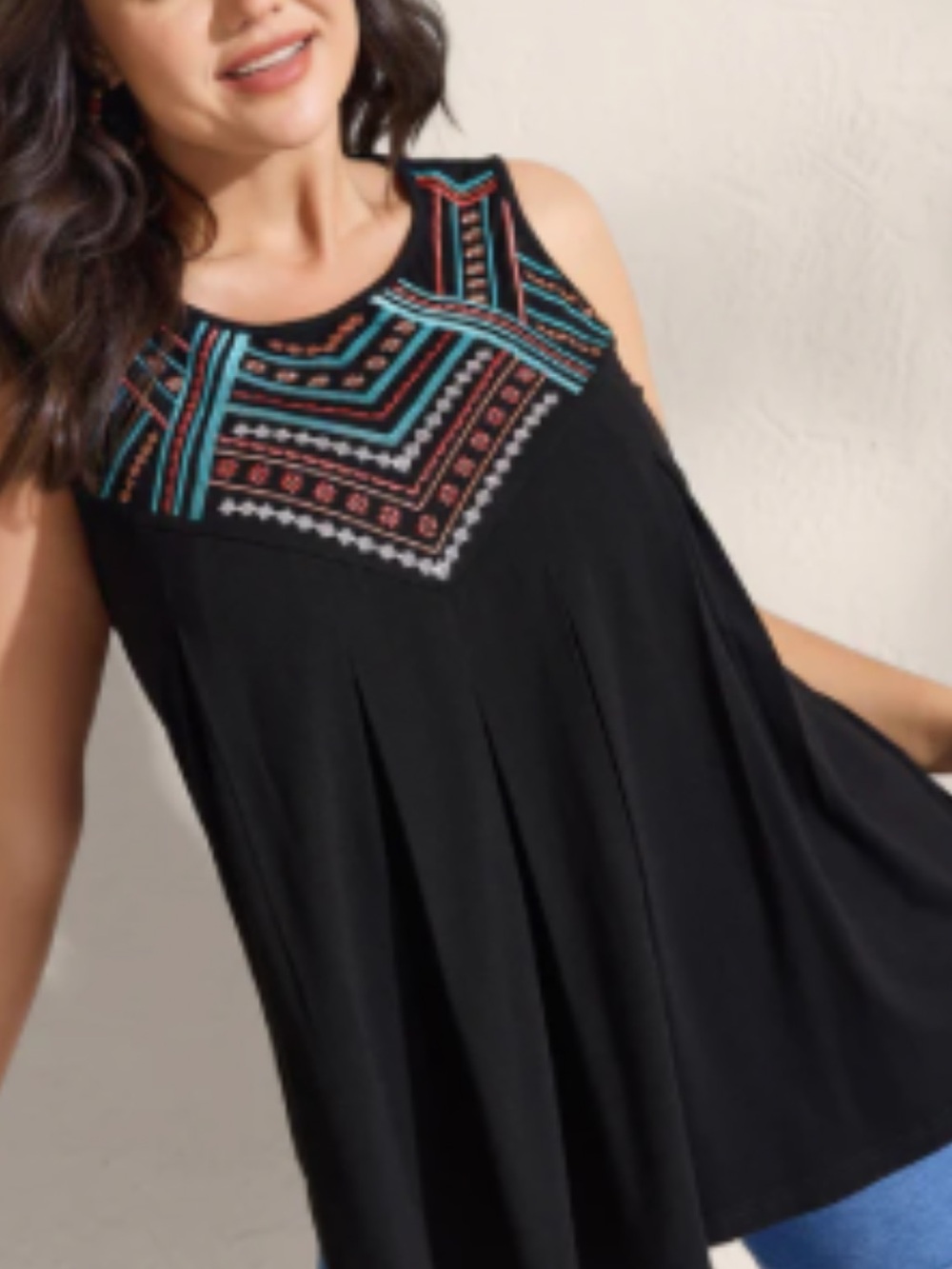 BloomChic Black Tank with Turquoise & Coral Embroidered Yoke